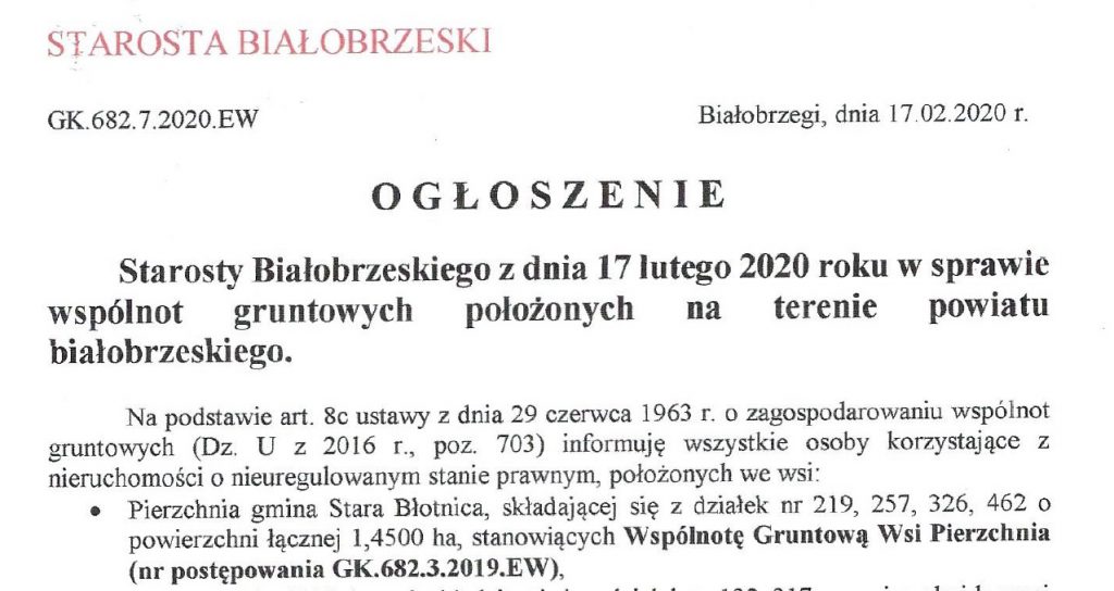 Miniaturka artykułu Ogłoszenie Starosty Białobrzeskiego wspólnota gruntowa wsi Pierzchnia (2020-02-21)